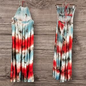 Ee:some Maxi Dress Size Small Tie Dye Smocked Open Back Neck Tie Boho Beachy